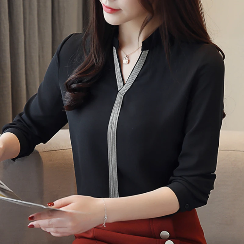 

plus size women tops v-neck black office work wear chiffon blouse shirt long sleeve women shirts fashion woman blouses 2019 A789