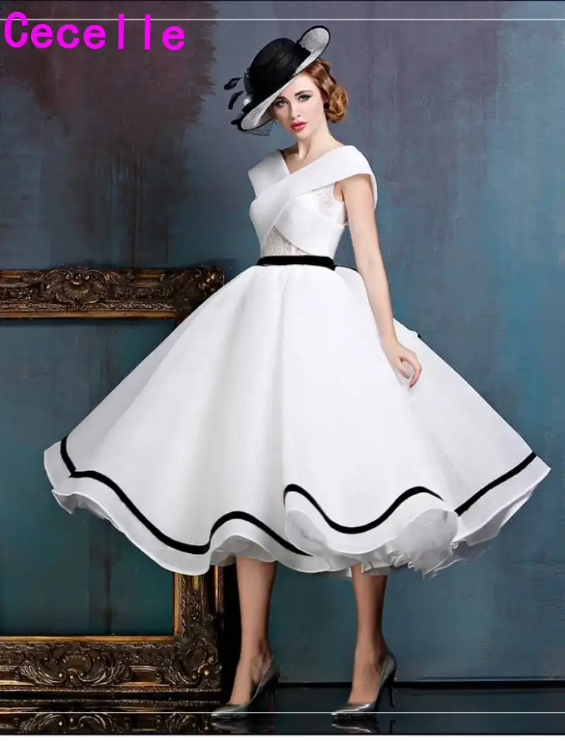 2019 New Black And White Vintage Tea Length Short Wedding Dress
