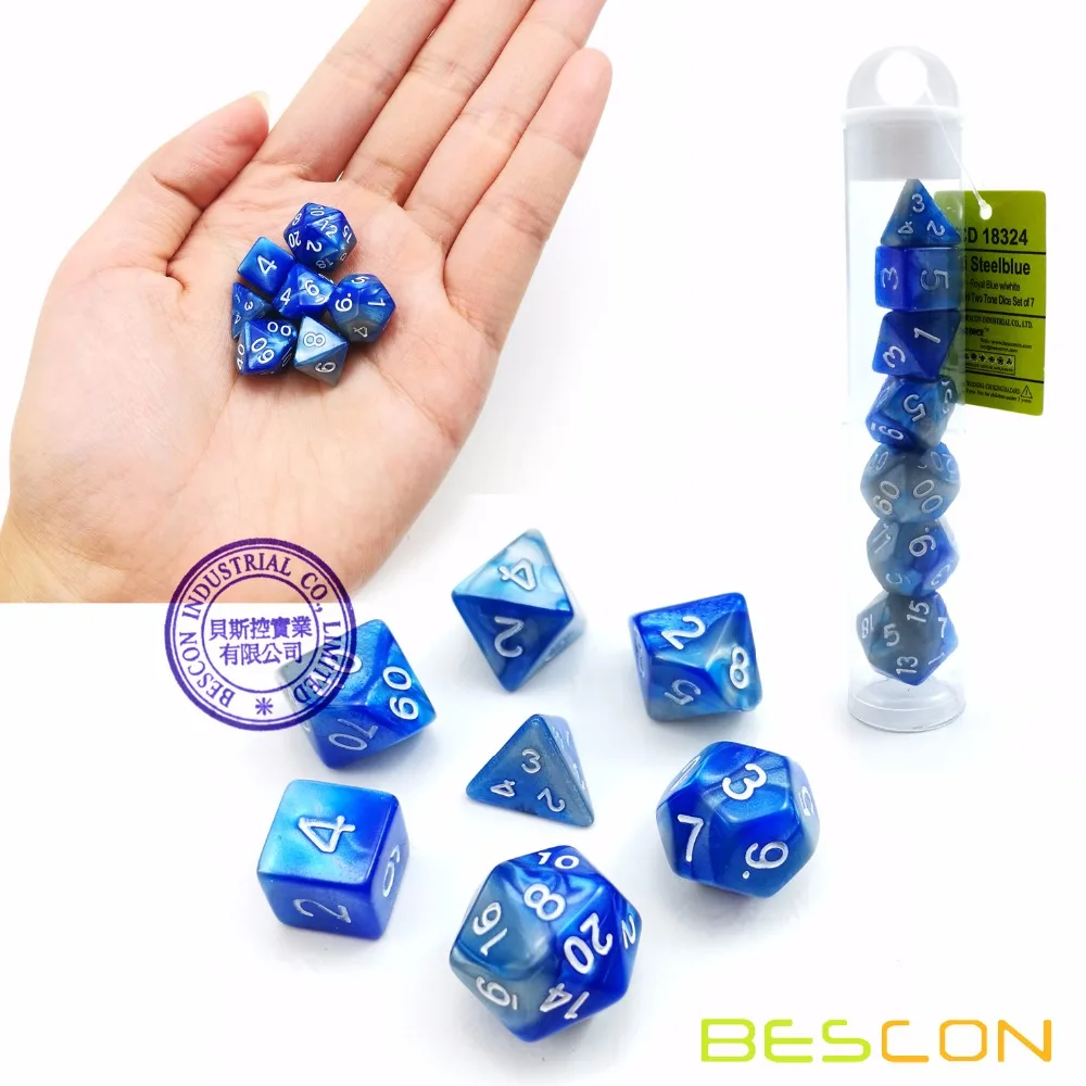 Bescon мини Близнецы двухцветные многогранные RPG игральные кости набор 10 мм, Малый RPG ролевые игры игральные кости D4-D20 в трубе, цвет Steelblue