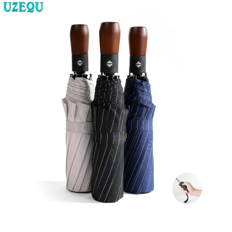 Fully Automatic Double Big Umbrella Rain Women 3 Folding Wind Resistant