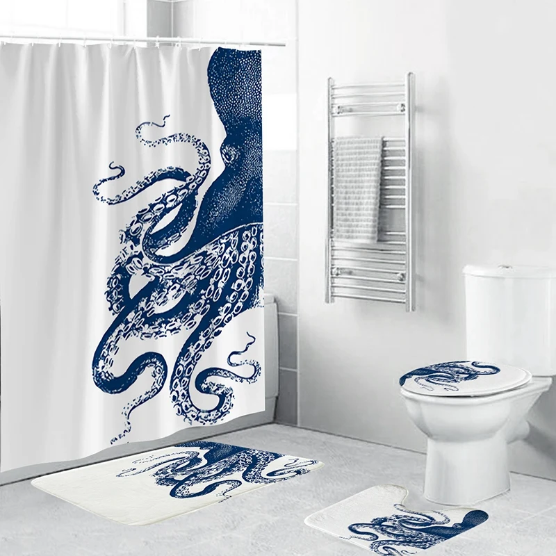 4 шт. домашний декор для ванной комнаты Набор синих осьминога Узор Крышка для унитаза набор ковриков для ванной + водонепроницаемый Душ