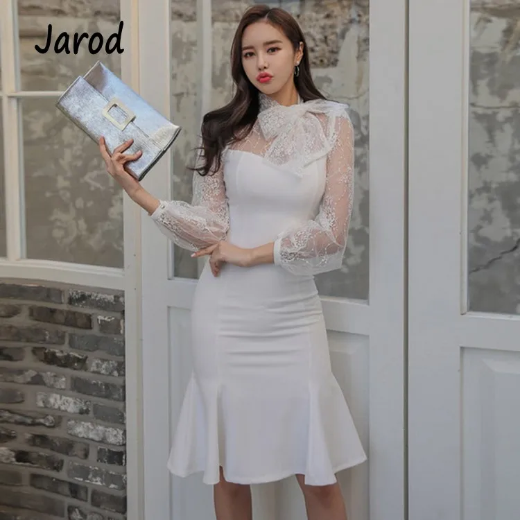 

2019 Spring Women White Lace patchwork Long Sleeve Bow tie Elegant Office OL Casual slim Bandage mermaid Dress