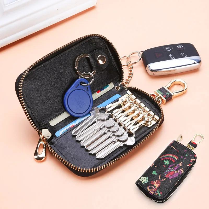 Women Leather Zipper Car Key Case Leather Key Holder Wallets Key Chain