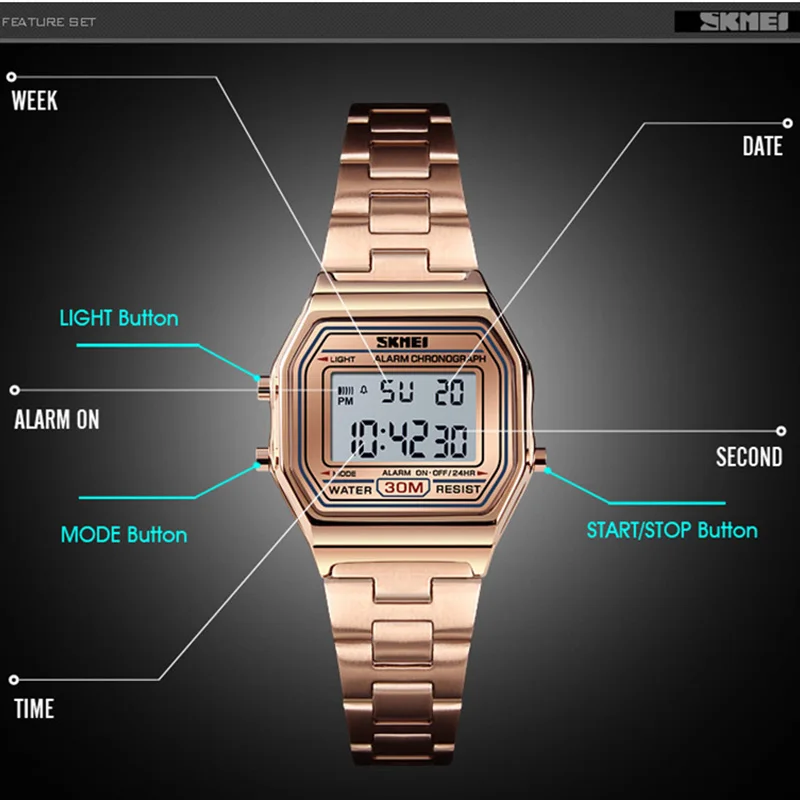 Relogio Feminino, часы, женское платье, роскошный светодиодный, цифровые часы, Reloj Mujer, водонепроницаемые, нержавеющая сталь, женские цифровые часы SKMEI