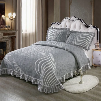 

100% Cotton 3D Quilted Ruffles Bed Spread Coverlet Sets Tatami Mat Bed Sheet Pillowcases Sofa cover Queen King size 3Pcs