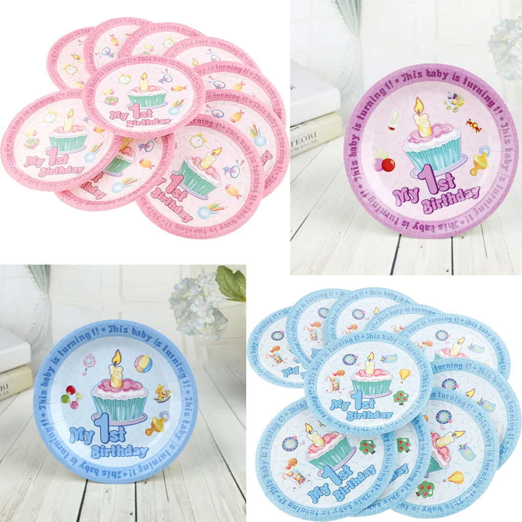  Baby Girl Boy 1st Birthday Cake Paper Plates Disposable Happy Birthday My 1st Birthday Baby Birthday Party Dinnerware Supply 