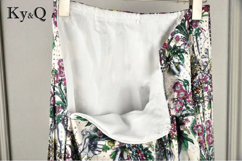 Взлетно-посадочной полосы Винтаж с цветочным принтом длинная юбка Для женщин 2018 Роскошные Бисер со стразами летние женские миди юбки