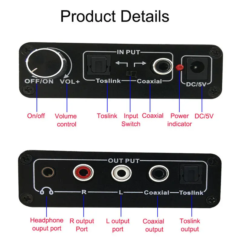 Коаксиальный цифро-аналоговый Rca 3,5 мм аудио Hifi конвертер адаптер с Spdif Toslink цифро-аналоговый аудио конвертер