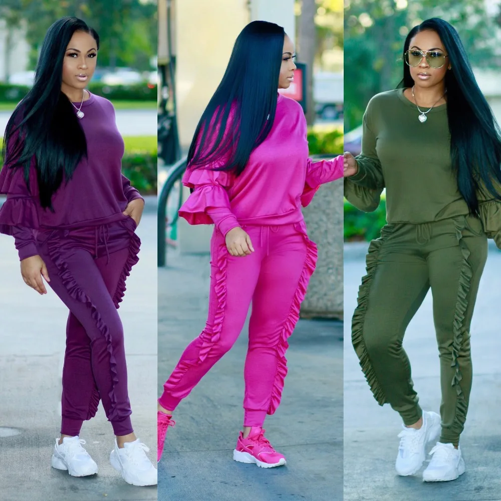 

2019 cross-border exclusive ruffled lanterns sleeves fashion sports suit spot