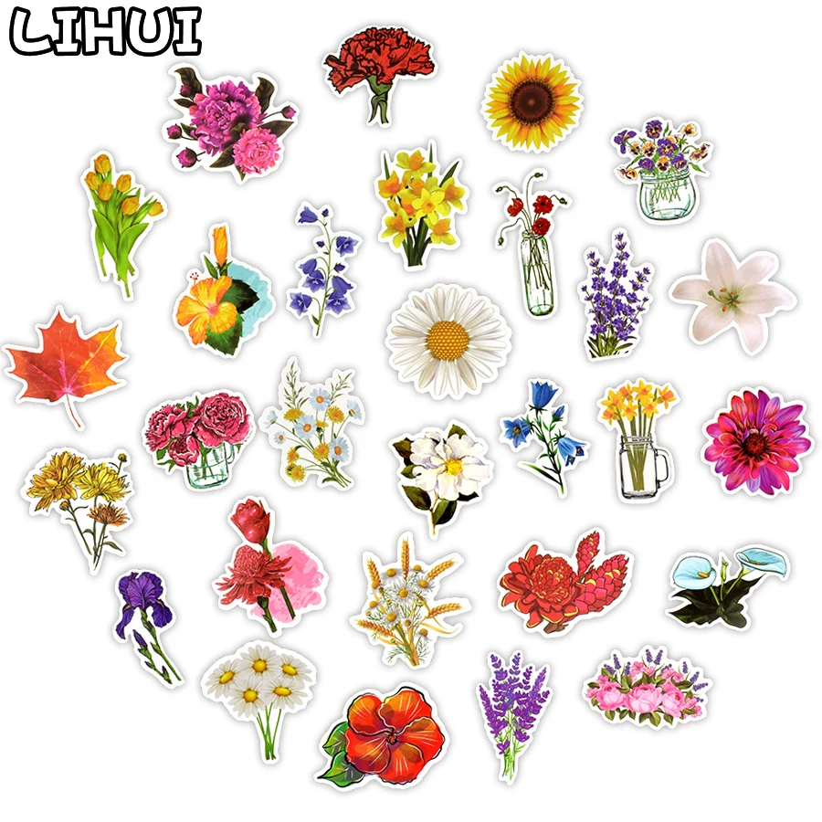 

50 PCS Flowers Sticker Pretty Cute Creative Plant Funny Stickers Scrapbooking to DIY Laptop Suitcase Guitar Phone Fridge Diary