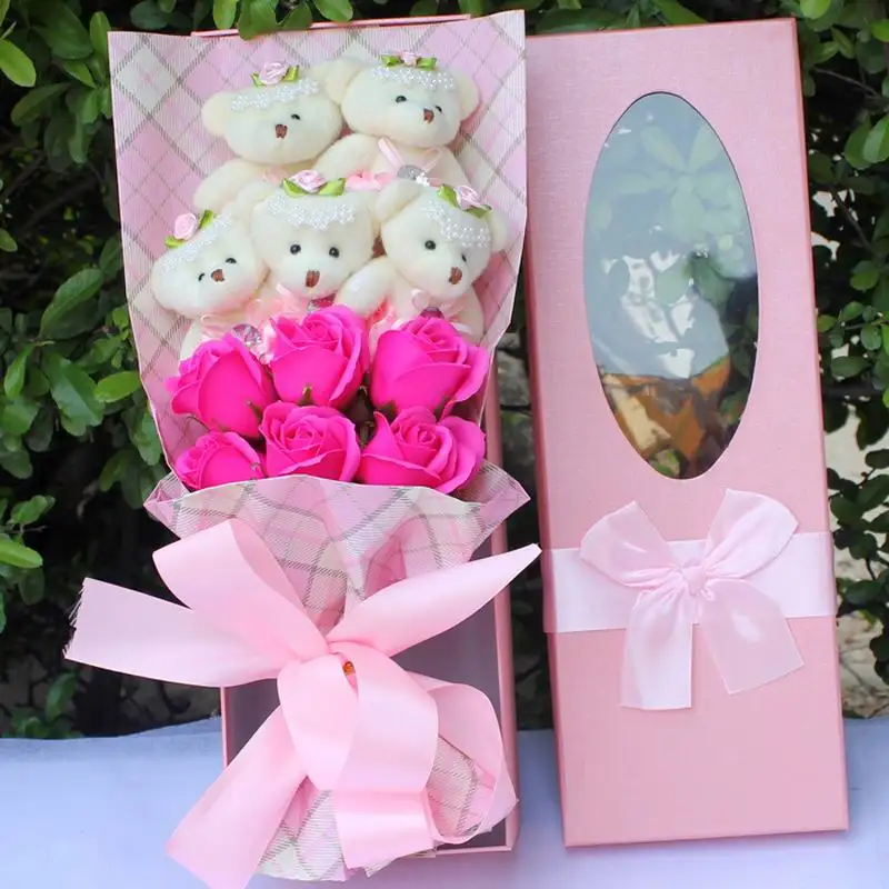 

SAILEROAD Kawaii Cartoon Bear Stitch Plush Doll Toys New Plush Bouquet With Fake Flower for Wedding Party Birthday Gift With Box