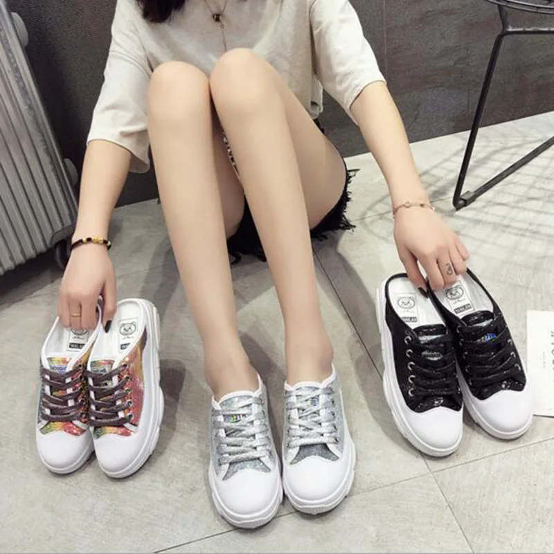 

Spring Autumn Women Ladies Flats Slippers Shoes Bling Mesh Patchwork Lace-up Design Slippers Outdoors Wear Breathable Non-slip