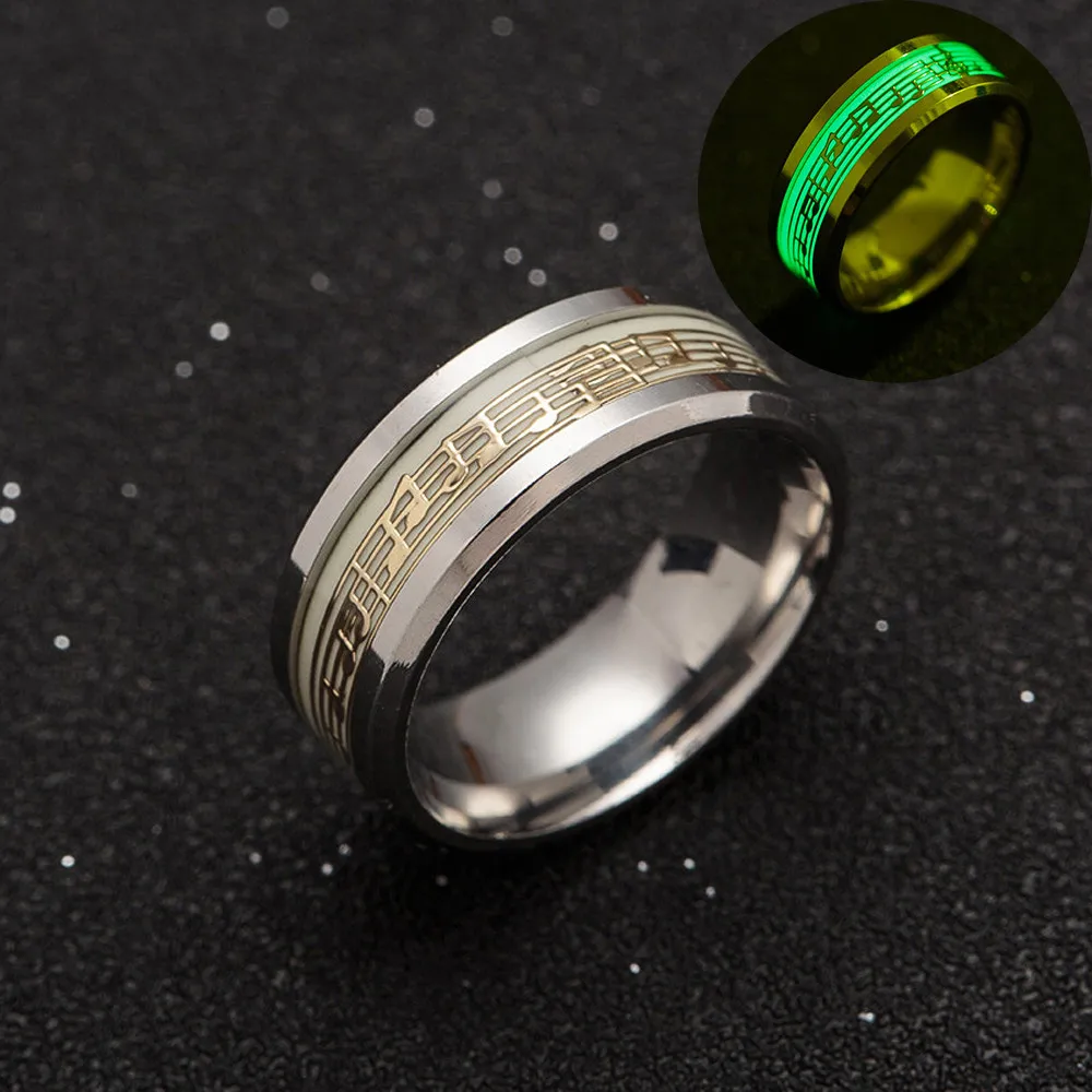 

Punk Style Glow In The Dark Ring Luminescent Notes Personality Ring Stainless Steel Ring Gift