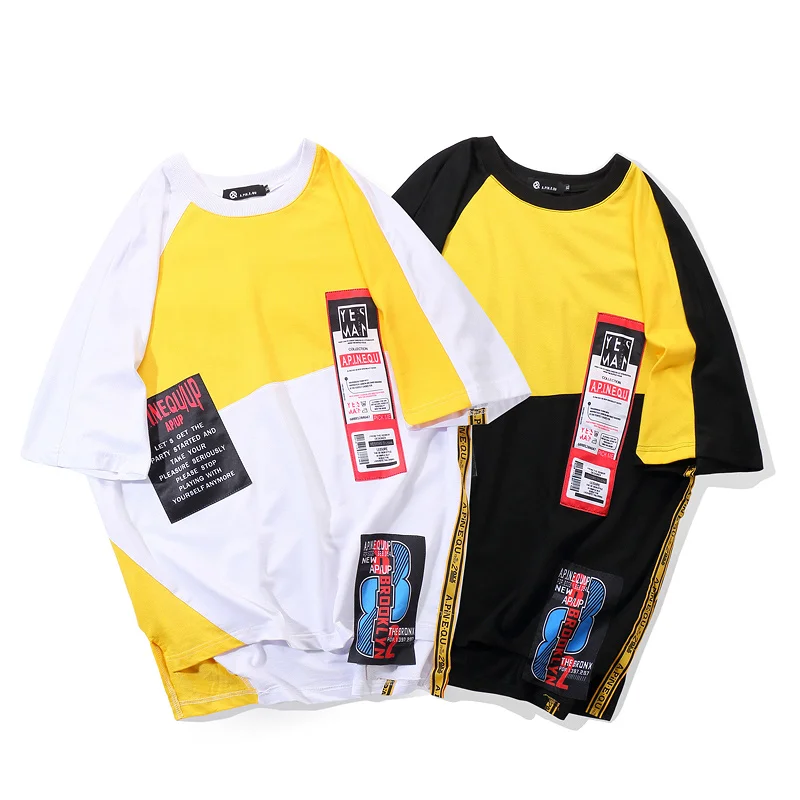 HIDOL Oversize Contrast Color T-shirt Ribbon Patchwork T shirt Hip HIDOL Oversize Contrast Color T-shirt Ribbon Patchwork T shirt Hip