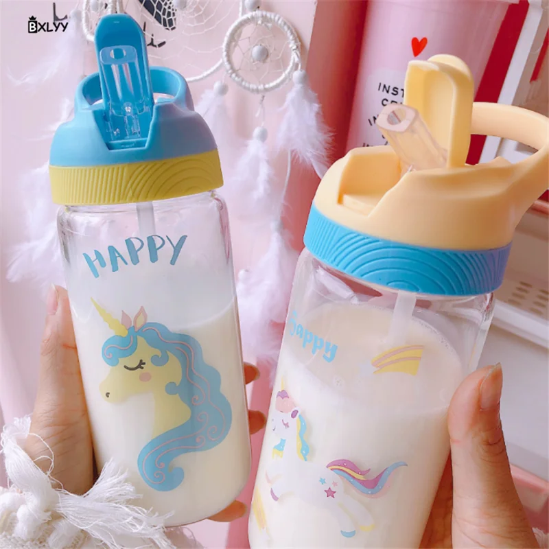 

BXLYY 4 Color Unicorn Glass Water Bottle Cute Student Simple Portable Straw Transparent Cartoon Glass Bottle Sports Shaker.7z