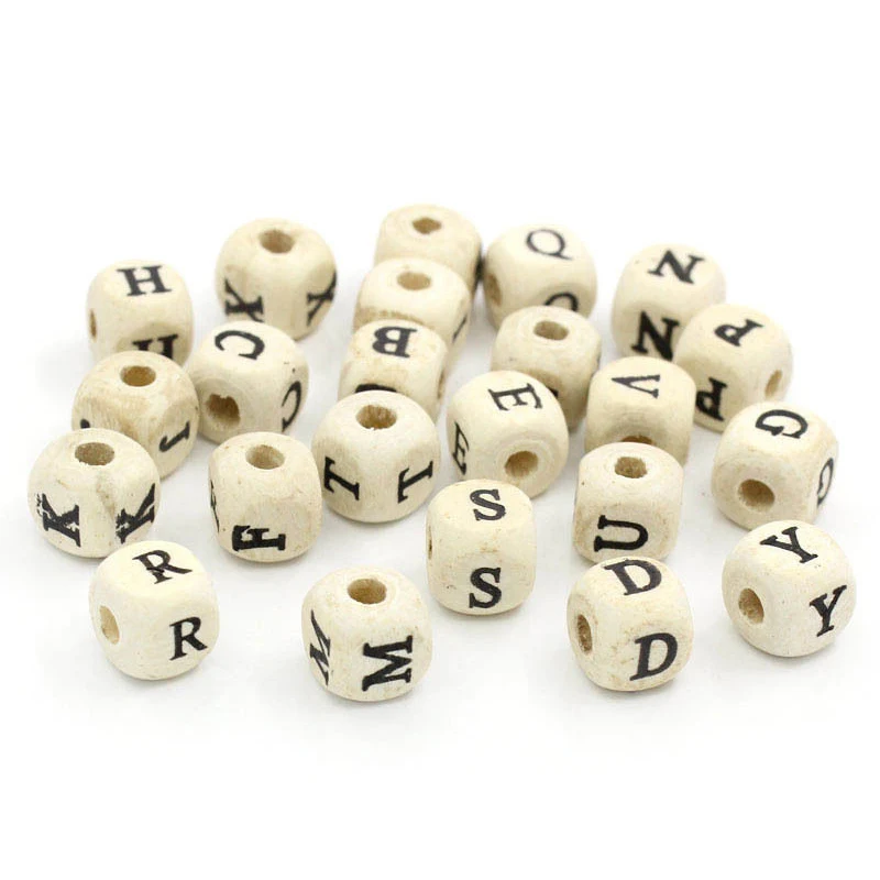 

200PC Natural Mixed A-Z Alphabet/ Letter Square Wood Beads 10x10mm(3/8"x3/8")