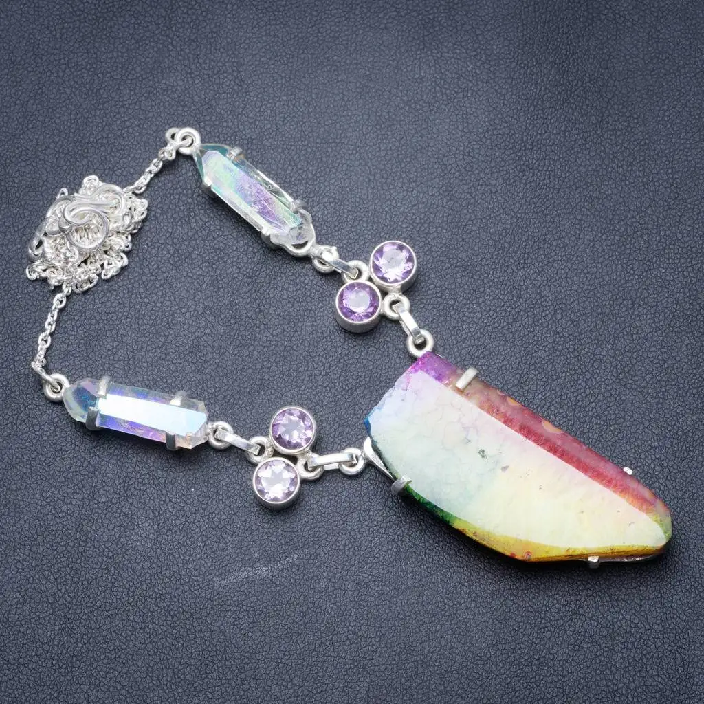 

Natural Drusy Agate,Amethyst and Rainbow Drusy Cluster Handmade 925 Sterling Silver Necklace 17.75" Y3475