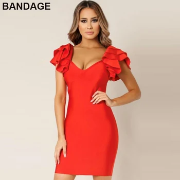

2019 China Cheap Good Quality Butterfly Sleeve Bodycon Sexy Plunge Neckline V Neck Cocktail Party Red Bandage Mini Party Dress