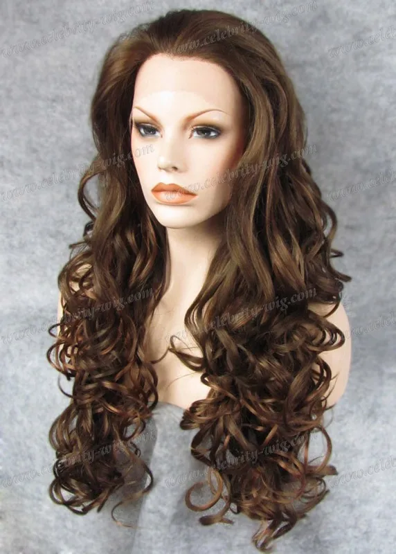 

N5-8/27 Best selling cheap wavy brown synthetic lace front wig Kim Kardashian free shipping