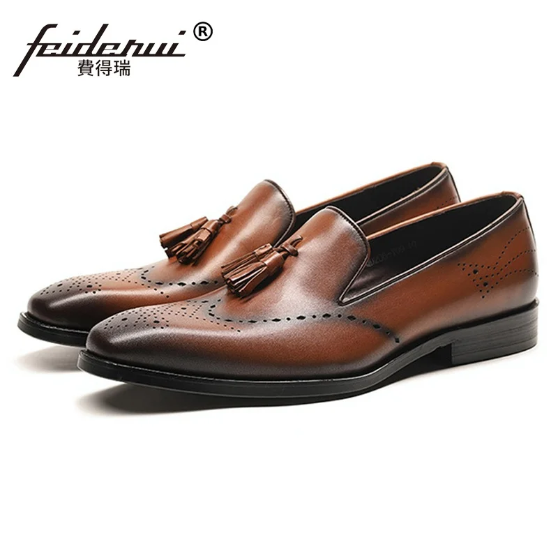 Apontou Das Flats Ss390 Mocassins Deslizamento Do Esculpida Sapatos Genuíno De Respirável Asas Formal Dos Vintage Preto Toe Brogue Nas Vestido Homens marrom Homem Em Couro Pontas zZBOnqUq