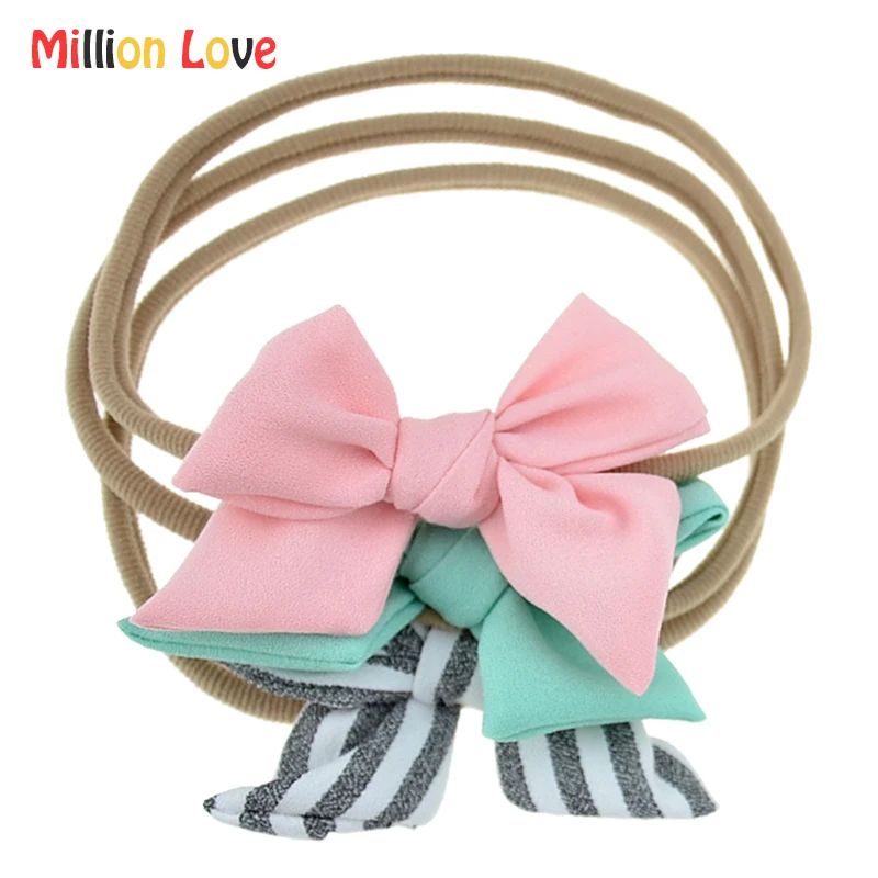 

Cute Baby newborn girl Retro style Bow headband elastic Nylon pink stripe headwrap hair accessories Baptism bebes bandeau photo