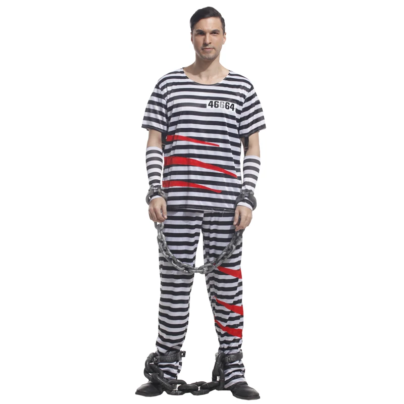 

Adult Men Black White Striped Violent Prisoner Costume Cosplay Halloween Purim Party Carnival Masquerade Mardi Gras Outfit