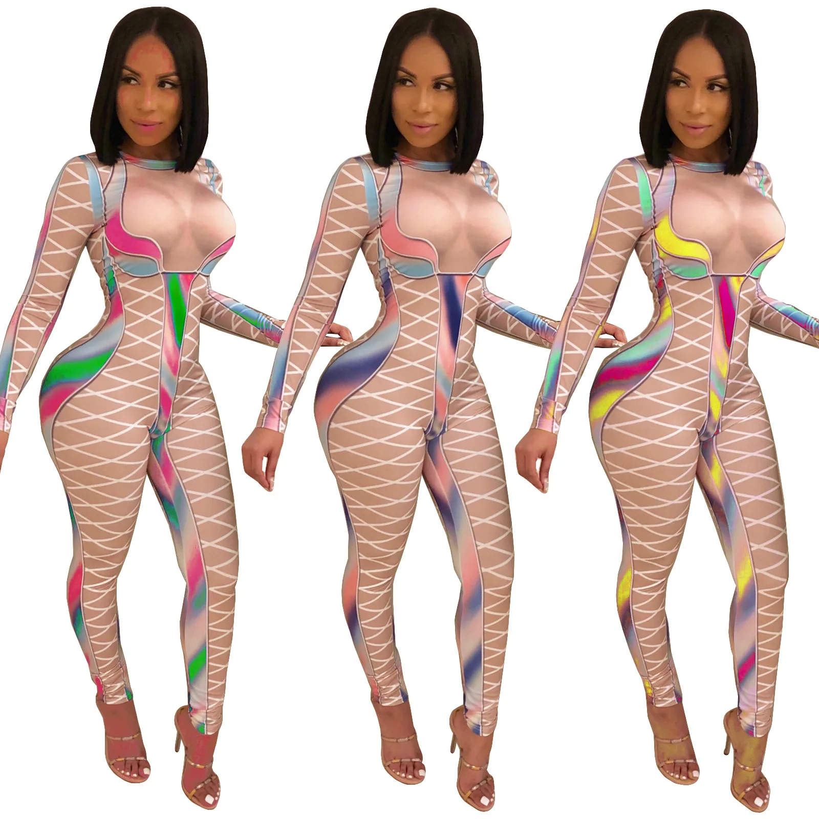 

2019 New Arrival Jumpsuits Full Length Lolita Style European and American fashion multicolor printing slim bodysuit casual pants