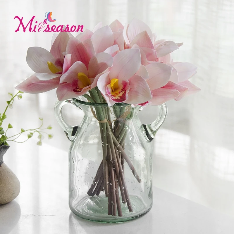 Настоящий сенсорный cymbidium 4 головки короткое украшение стола цветок сделай сам
