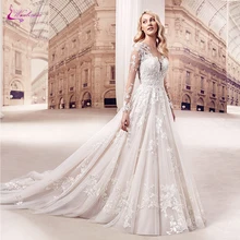 Waulizane Scalloped Neckline With Elegant Appliques Illusion Tulle A Line Wedding Dresses V-Neckline Wedding Gown v neckline fluted sleeve gingham top