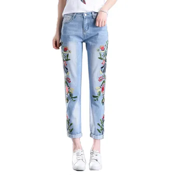

2019 Spring Summer New Women High Waist Jeans Ankle-Length Embroidered Loose Straight Slim Denim Pants Fashion Female Plus Size