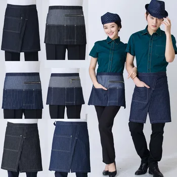 

Universal denim Half Bust Bib Apron Restaurant Kitchen Coffee Tea Shop Waitress Uniforms Waist Short Apron with Pockets