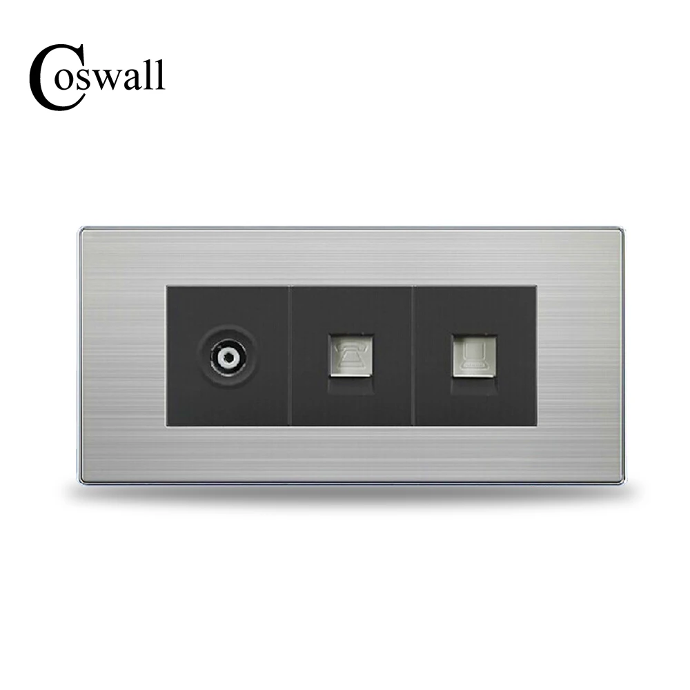 

COSWALL Luxury Wall TV Socket With Telephone Outlet And RJ45 Internet Jack Stainless Steel Brushed Silver Panel 154mm*72mm
