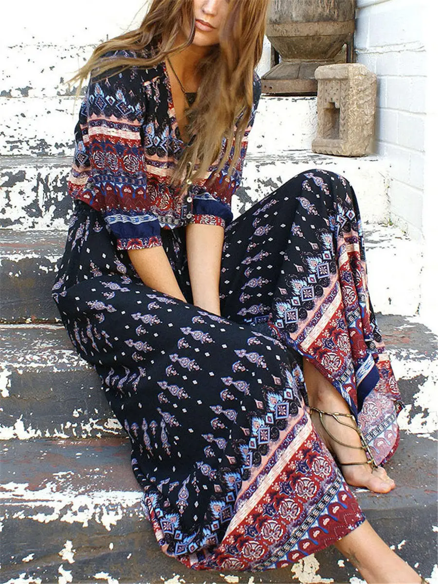 Gladiolus Boho Long Summer Dress Women Half Sleeve V Neck Button Print Floral Women Beach Dress 2019 Ladies Sexy Maxi Dresses (49)