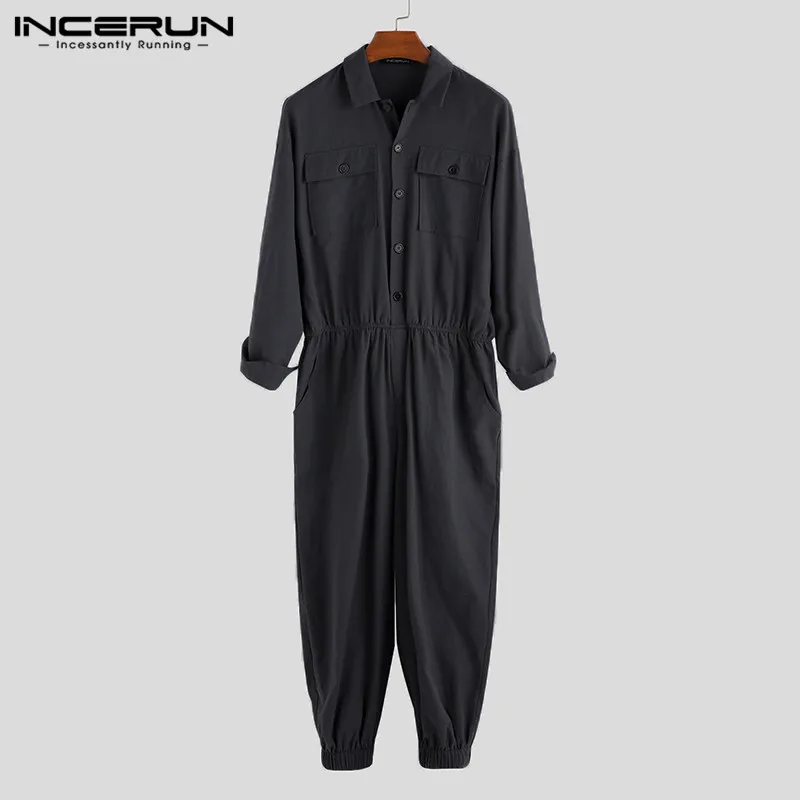 INCERUN Men's Trend Personality Jumpsuit Retro Solid Color Lapel Long Sleeve Tooling Jumpsuit Men Suit New Fashion Tumpsuit