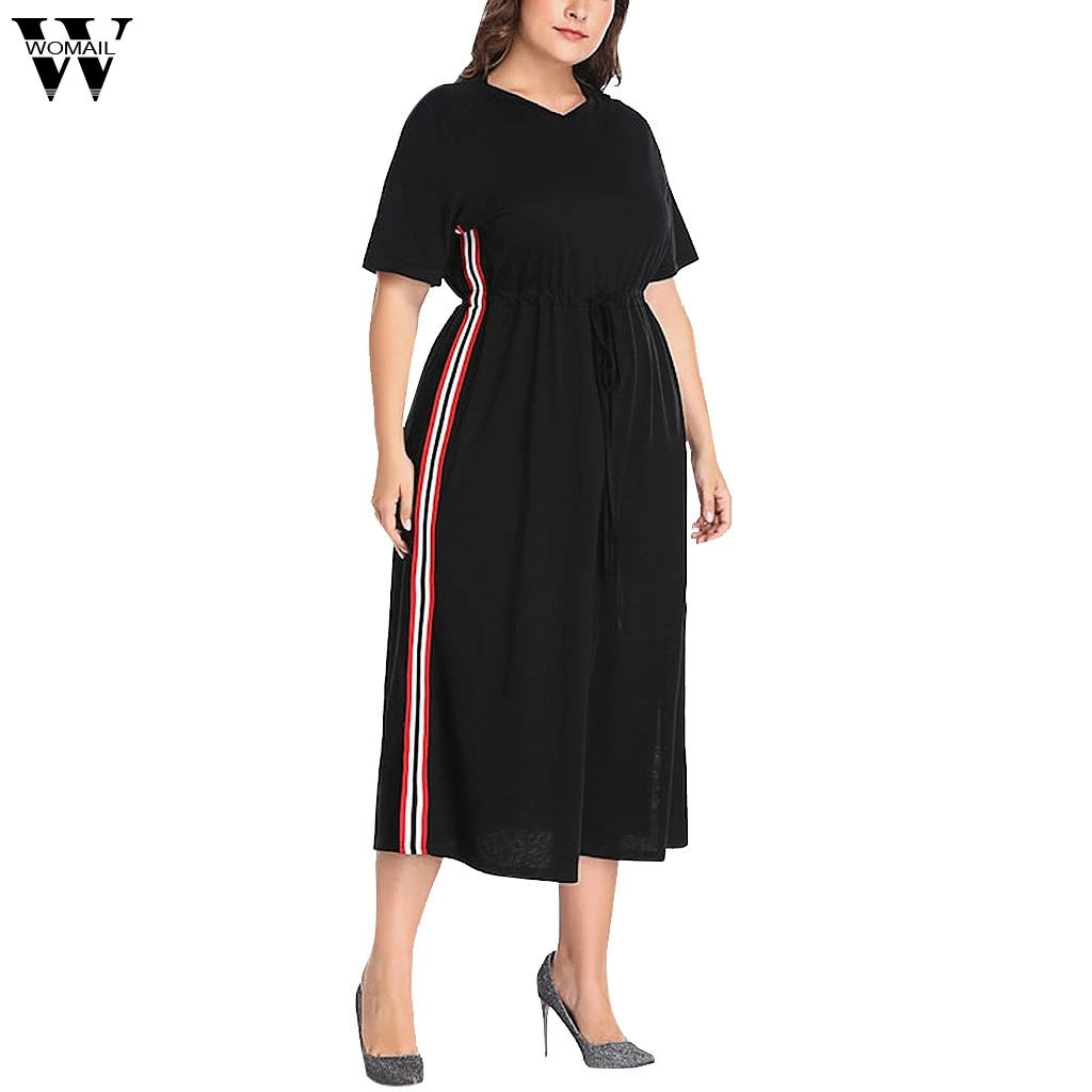 

Womail 5XL Large Size Women's Black Dresses Fashion Plus Size Patchwork Short Sleeve aped Side Split O-Neck Dress JUNE25 Vestido