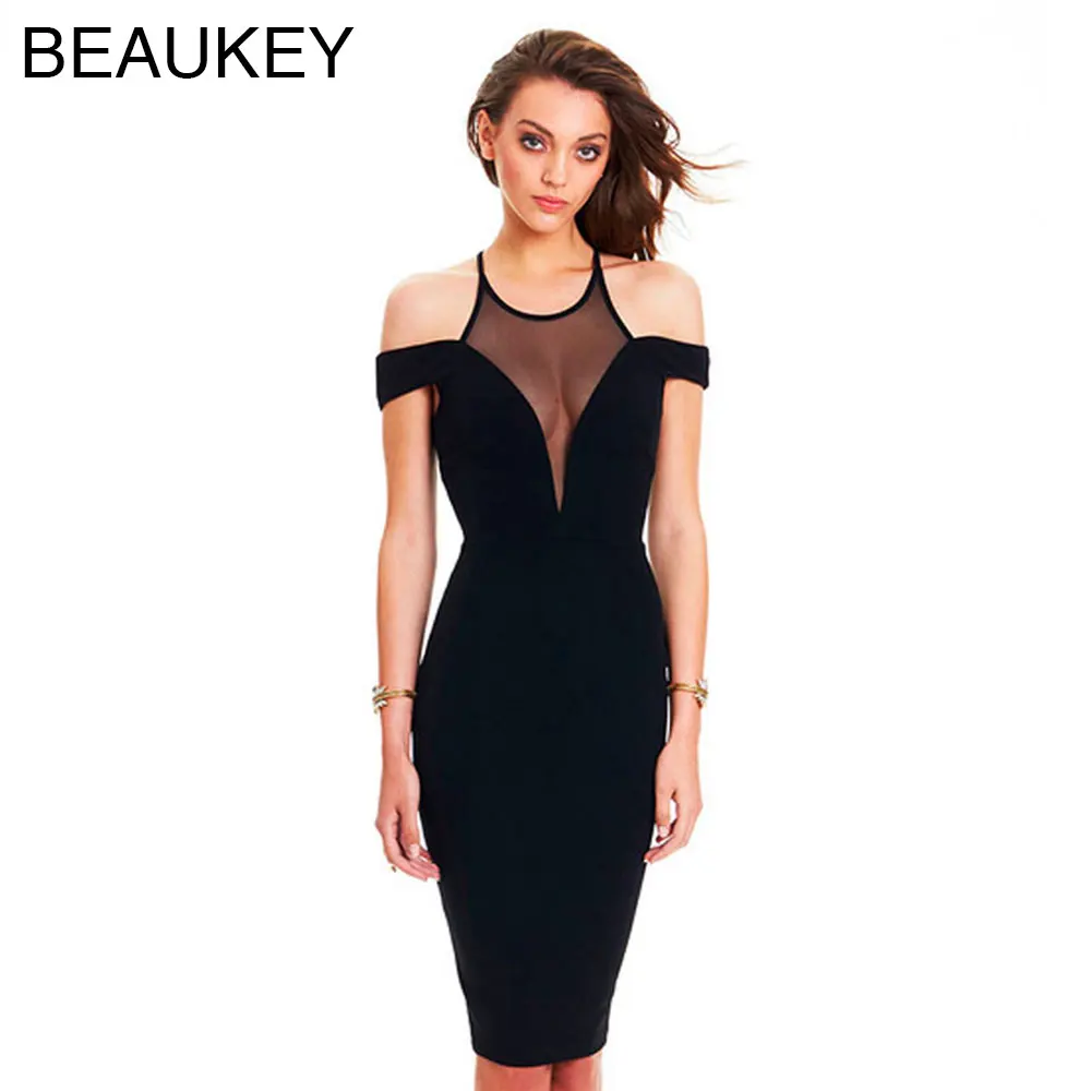 

Black Off Shoulder Mesh See Through Sexy Women's Knee Length 2016 New Fashion Bodycon Bandage Dress