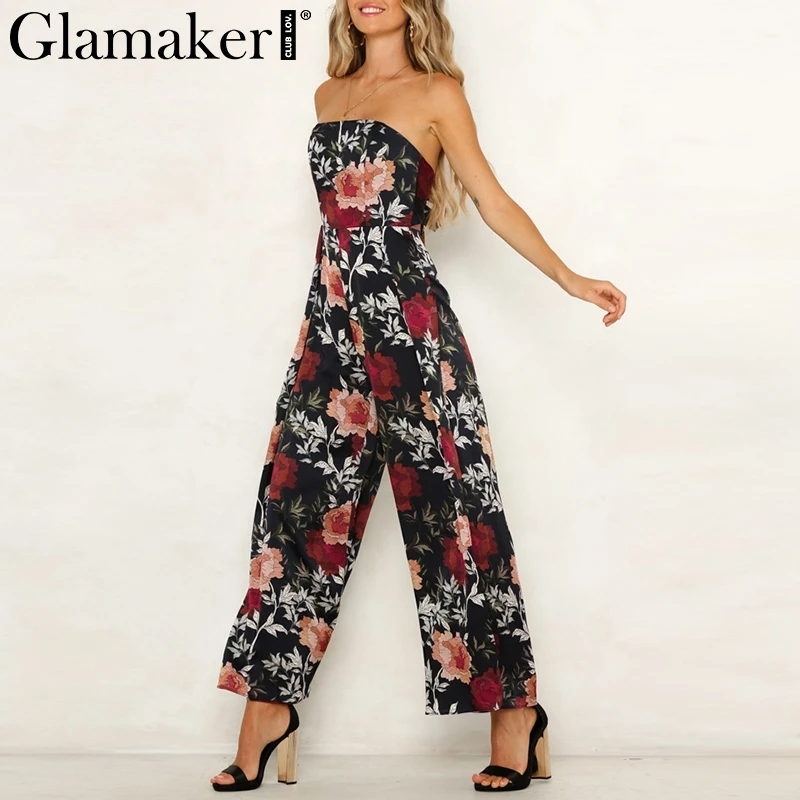 Glamaker Off shoulder floral print wide leg pant Sexy holiday backless bow split  jumpsuit romper Female spring elegant jumpsuit