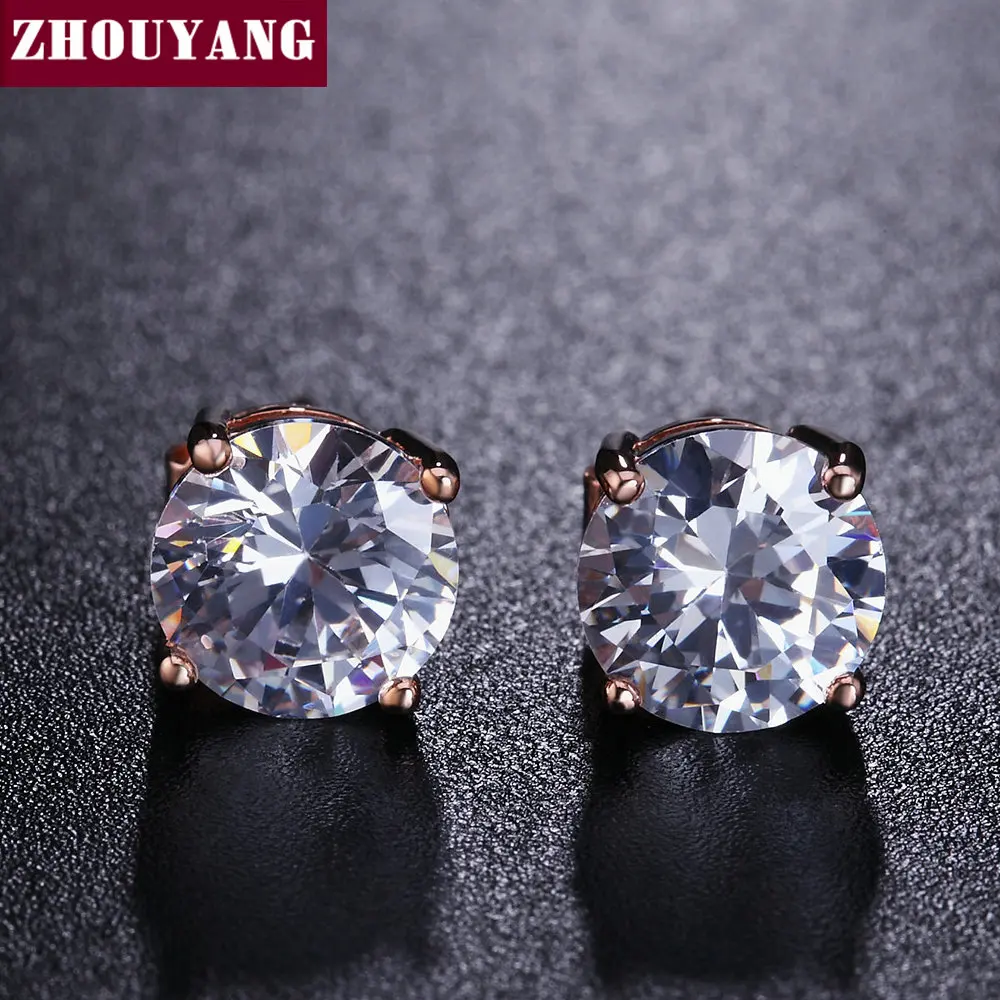 ZHOUYANG высококачественные серьги гвоздики из фианита цвета розового золота для