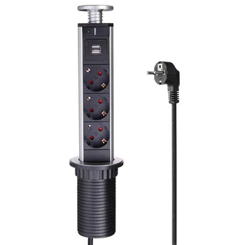 

3 Power USB EU/UK Plug Office Hidden Desktop Vertical Socket Electrical Socket Power 1 Led+2 charge USB Aluminum
