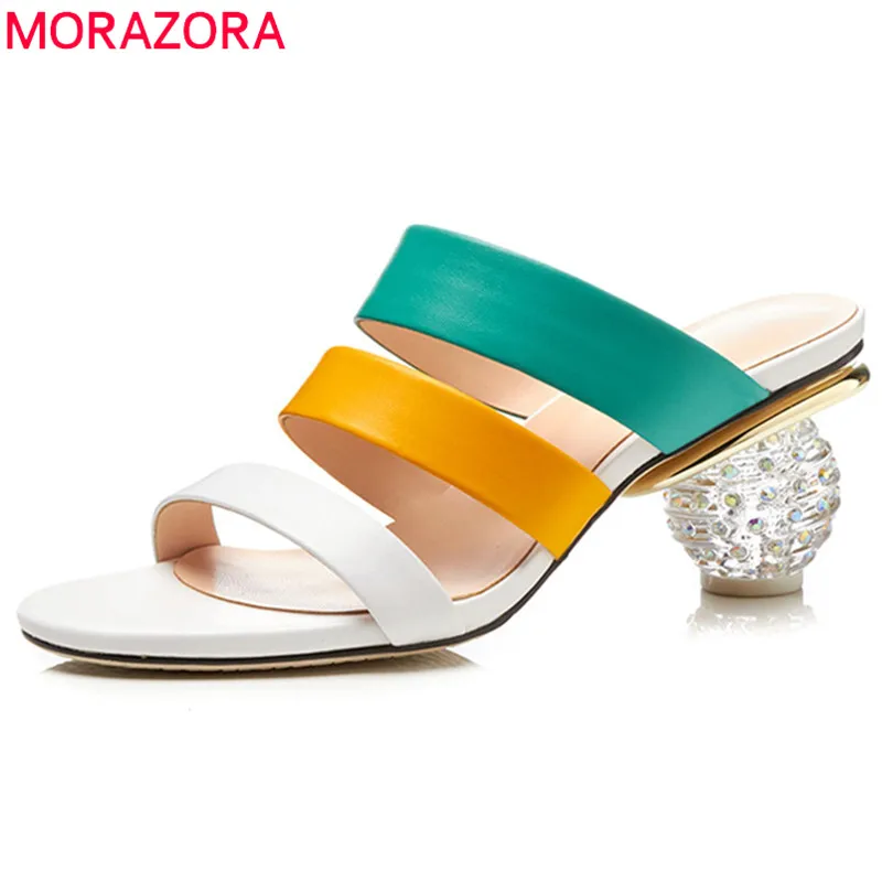 

MORAZORA 2018 fashion summer genuine leather women sandals round toe high heels mules slip on mixed color party wedding shoes