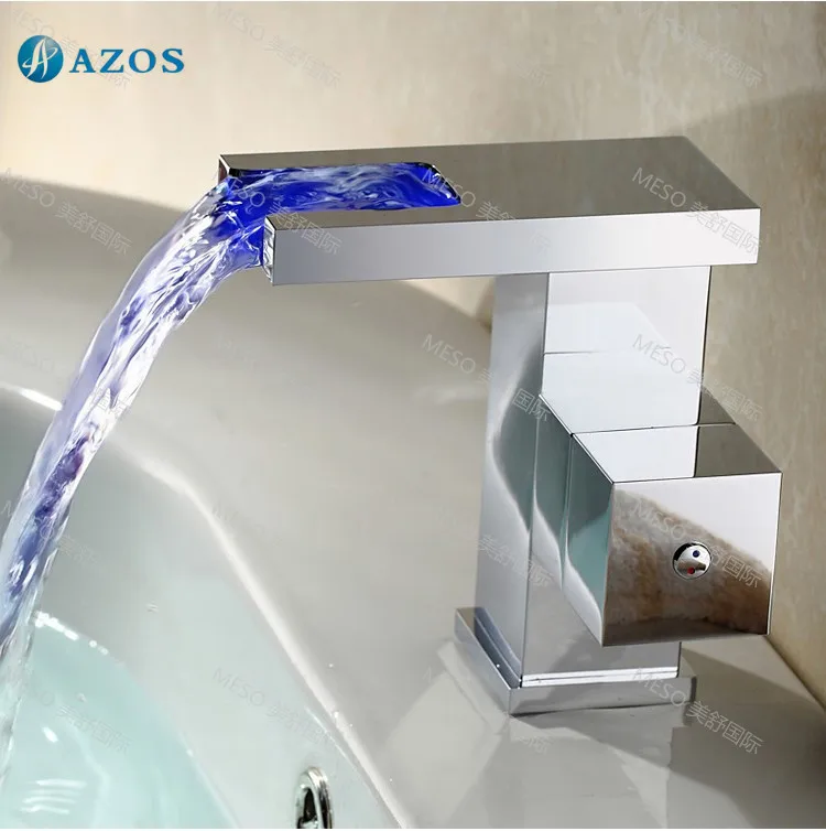 Bathroom Sink Taps LED Light Chrome Polish Waterfall Spout Deck Mounted