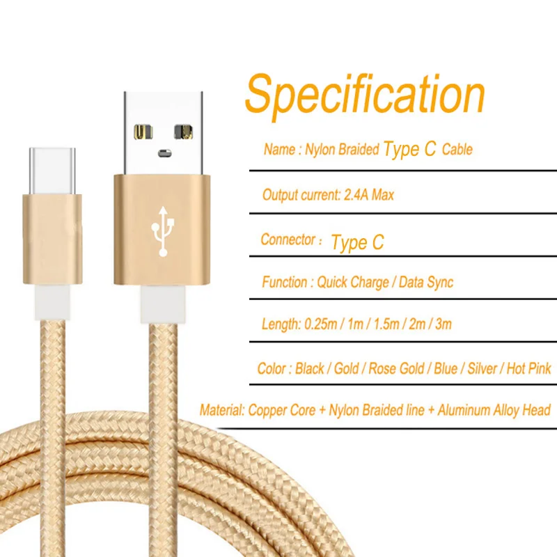 Нейлоновый USB кабель типа C 1 5 м 3 для быстрой зарядки Samsung S10 + Huawei P30 P20 lite Oneplus 7 pro