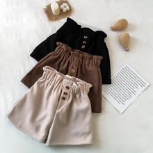 Новые женские шорты с высокой талией, зимние плотные однотонные повседневные свободные шорты с эластичной резинкой на талии, Женский в Корейском стиле, осенние женские шорты с пуговицами