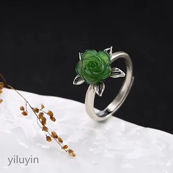 

KJJEAXCMY boutique jewelry S925 Sterling Silver Antique inlay and jade Jasmine Rose Lady's high-end opening ring ring