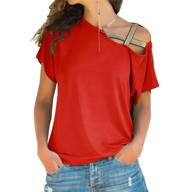 Свободное длинное платье с длинными рукавами футболки для женщин Открытое плечо сексуальные хлопковые одноцветные футболки летние новые Топы модная одежда 5XL - Цвет: Красный
