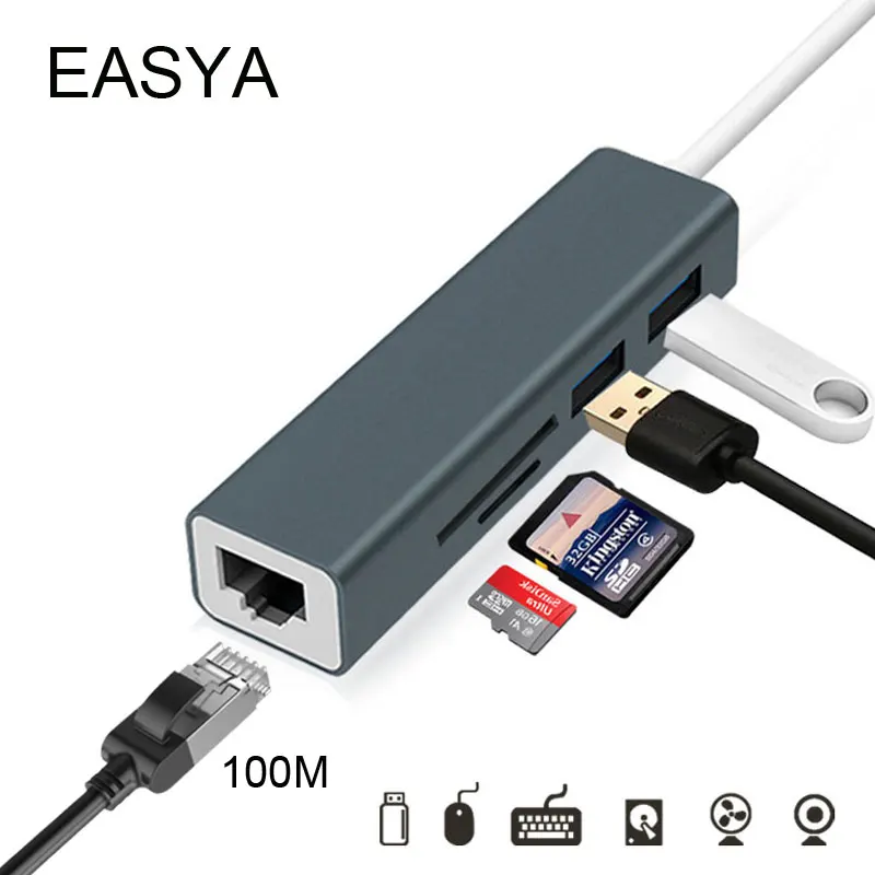 EASYA Thunderbolt 3 адаптер USB C концентратор USB C до Rj45 100 M Gigabit Ethernet для MacBook Pro/Air Тип-C с TF считыватель SD карт слот 3,0