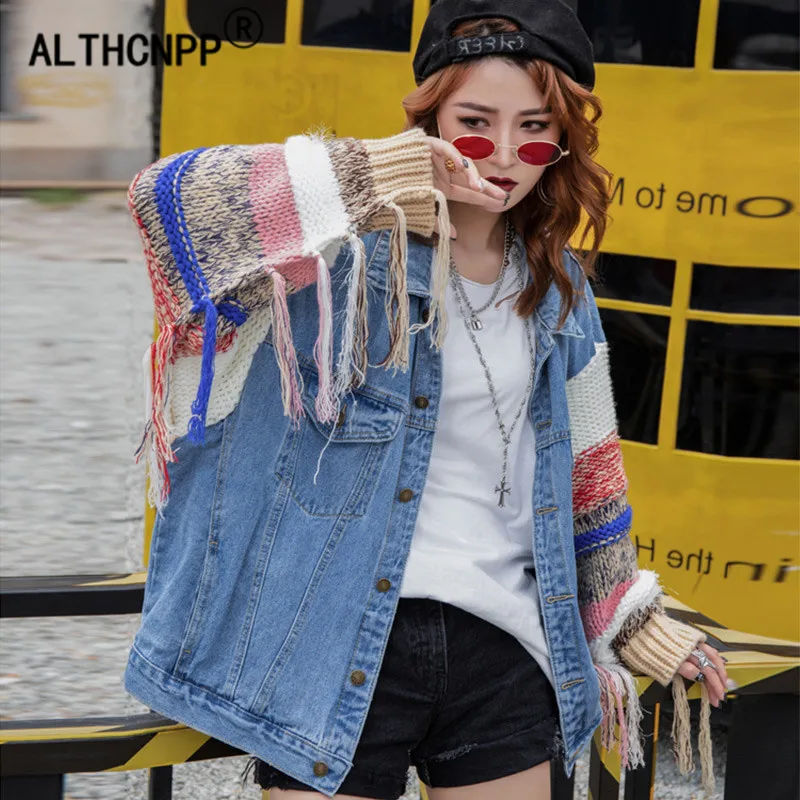 

Oversized Jeans Jacket Women Korea Loose Bf Color Wool Tassel Knit Stitching Sleeve Harajuku Cardigan Coat Denim Jacket Female