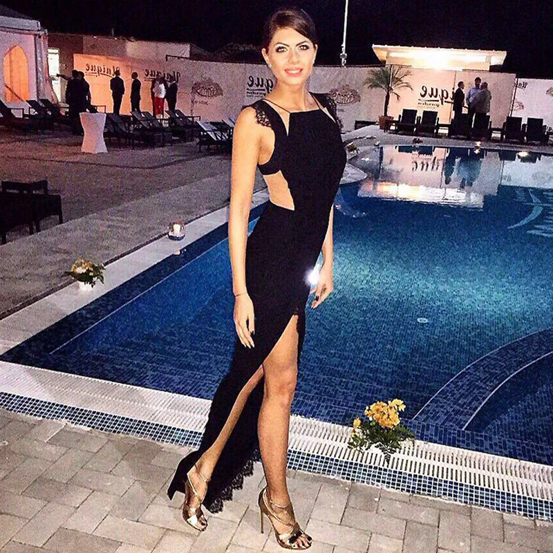 INDRESSME 2019 New Arrive Hot Sell Fashion Black Long Women Dresses Lace Mesh Patchwork High Split Sleeveless Bandage Maxi Dress