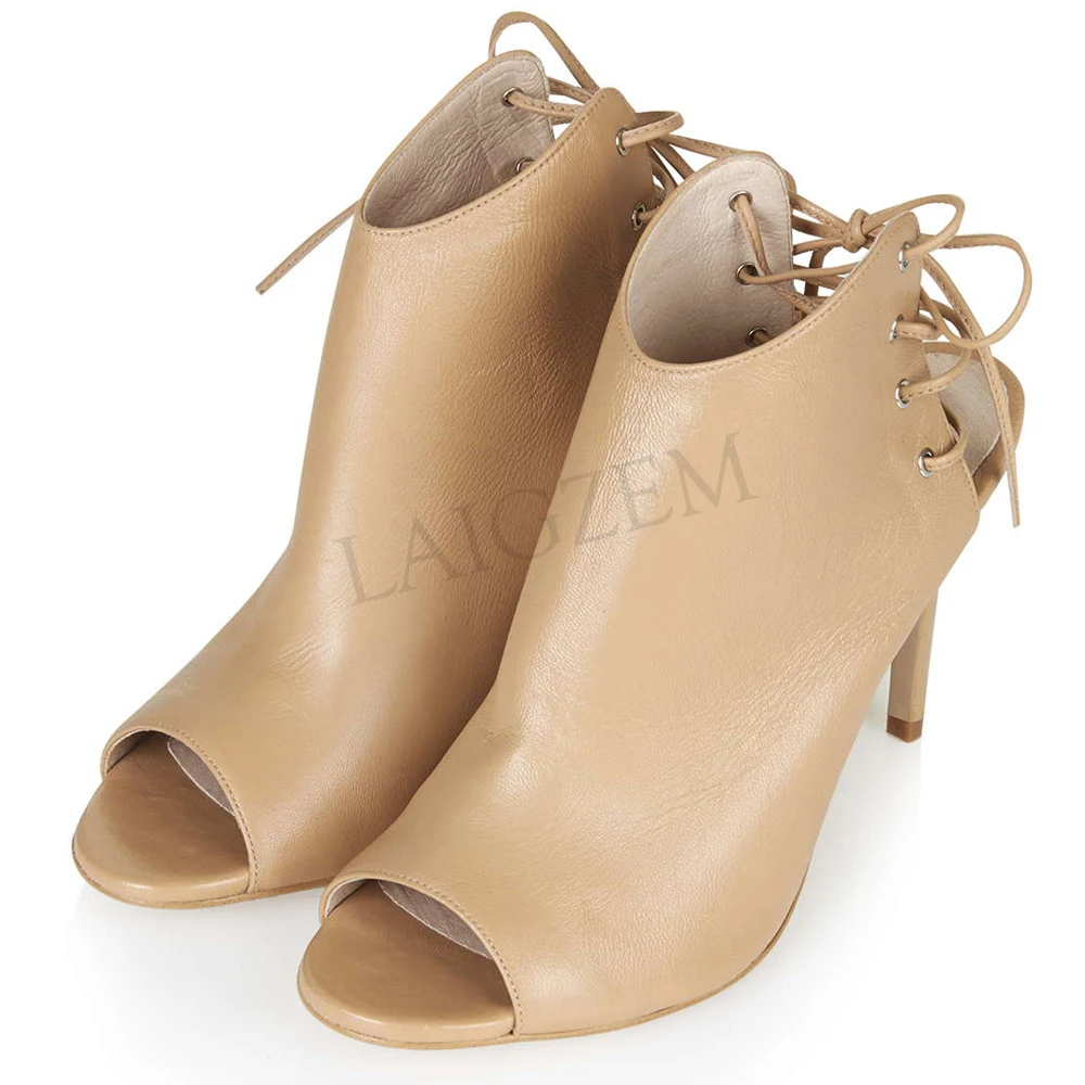 LAIGZEM Women Summer Booties Faux Leather Ankle Booties Stiletto Peep Toe High Heel Shoes Woman Botines Mujer Large Size 34-52