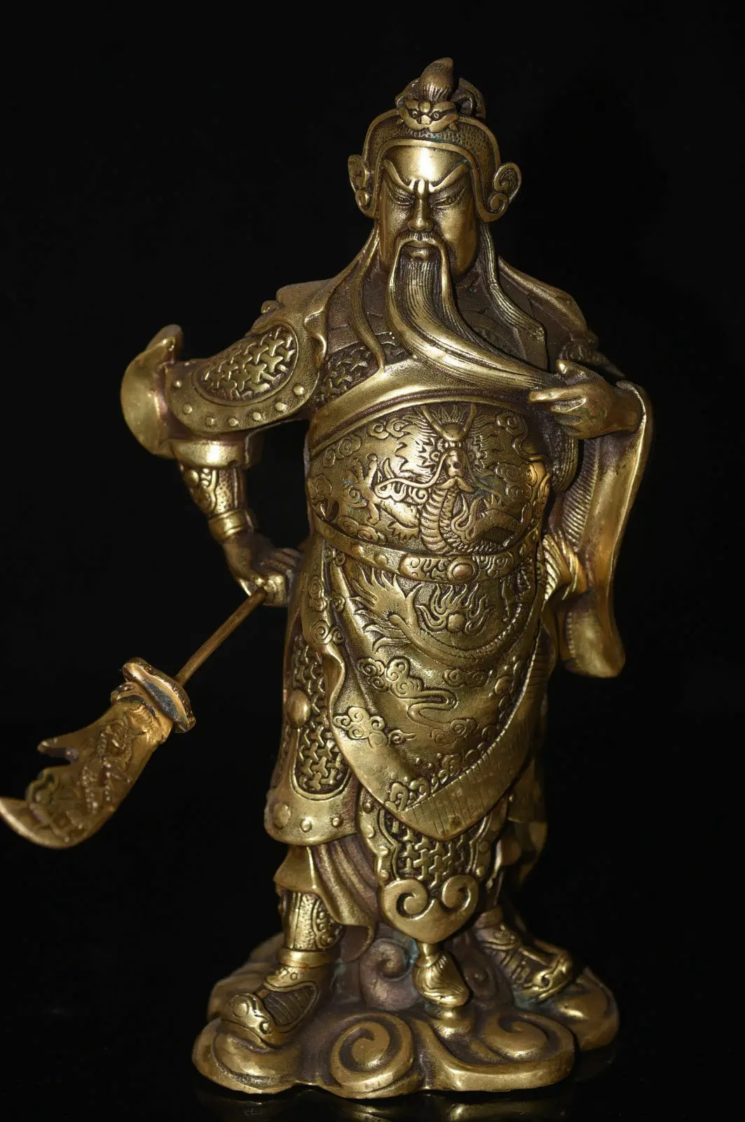 Коллекция Китайский Старый известный guan Gong Yu Бог войны Меч дракона латунная статуя